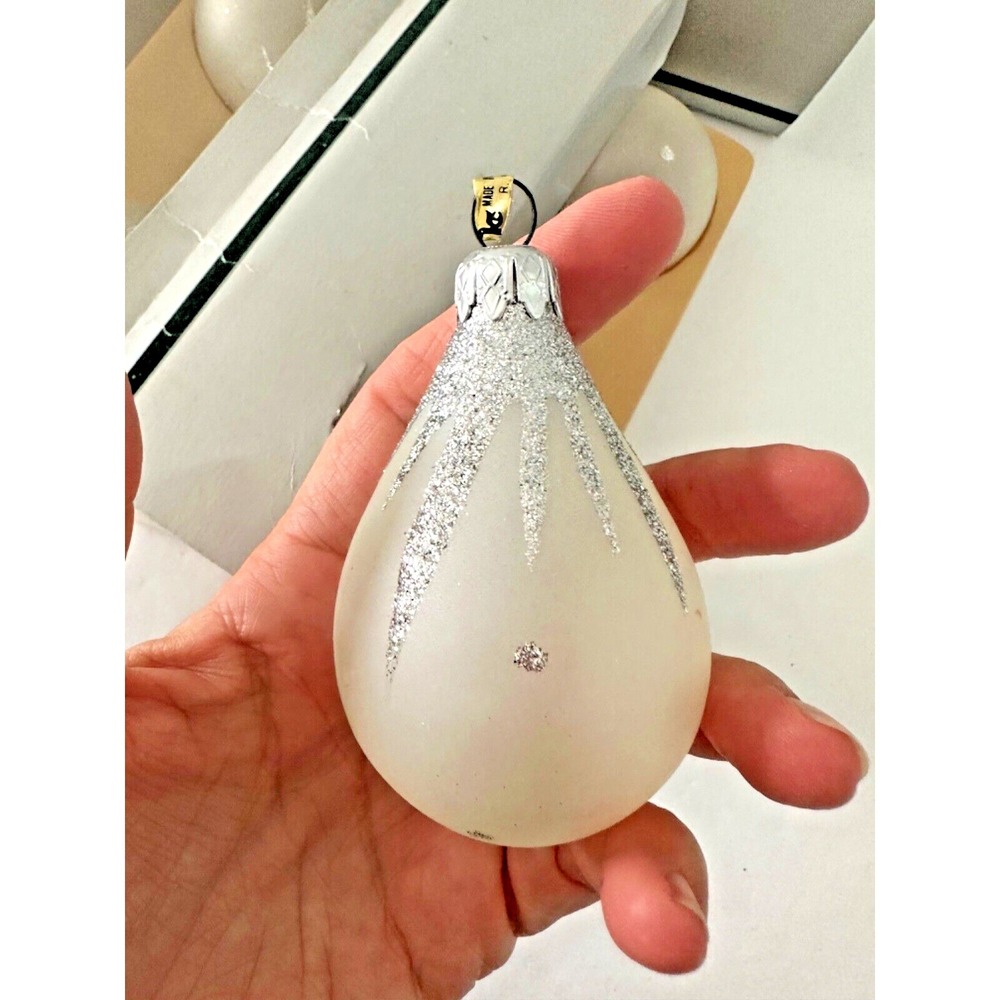 Vintage Glass Teardrop Christmas Ornaments Silver Glitter Frosted Franks Set 8